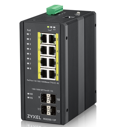 ZYXEL RGS200-12P, 12 PORT MANAGED POE SWITCH, 240 WATT POE, DIN RAIL, IP30, 12-58V DC