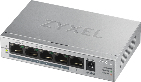 ZYXEL GS1005-HP, 5 PORT GIGABIT POE+ UNMANAGED DESKTOP SWITCH, 4 X POE, 60 WATT