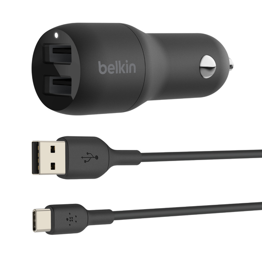 Dual USB-A Car Charger W/1M PVC A-C 24W