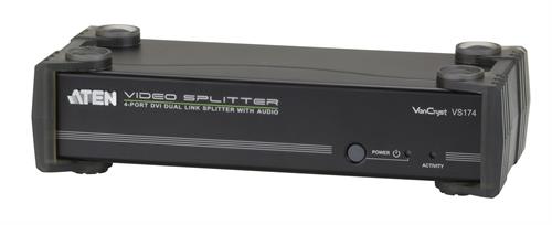 4-port DVI Splitter 1-4, DVI-I / D - Dual Link, 2560x1600, Also Speakers, Black. Divides The Signal